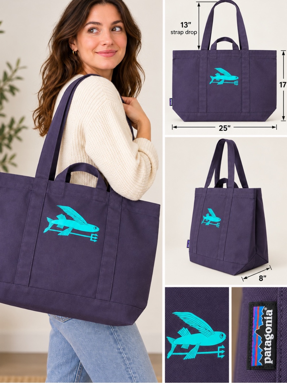 PATAGONIA Huge Canvas Tote BAG FLYING FISH LOGO NWOT